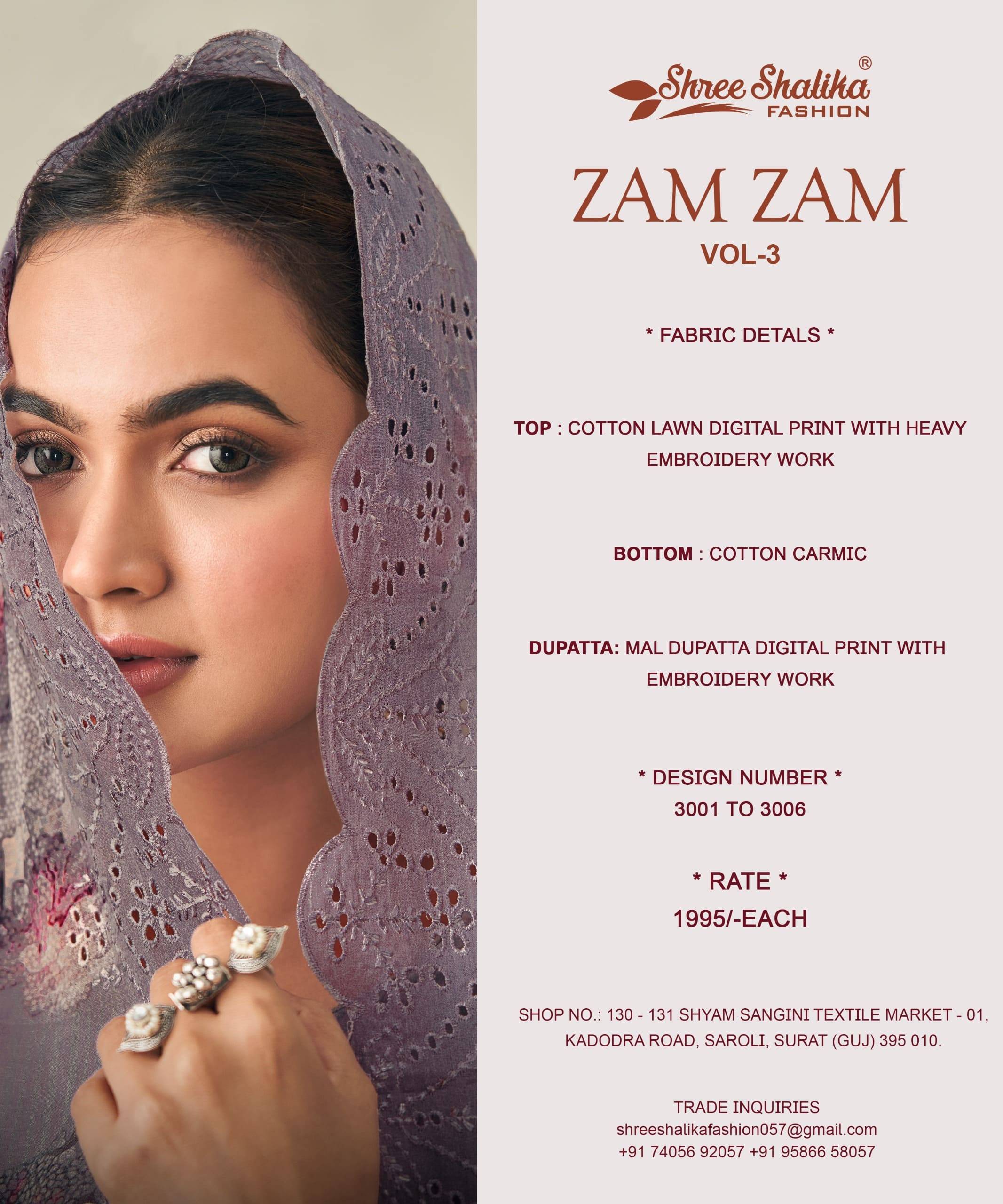 Zam zam  vol-3 by shree shalika 3001 To 3008 Designer Festive Suits Collection Beautiful Stylish Fancy Colorful Party Wear & Occasional Wear EMBROIDERED cotton lawn Dresses At Wholesale Price